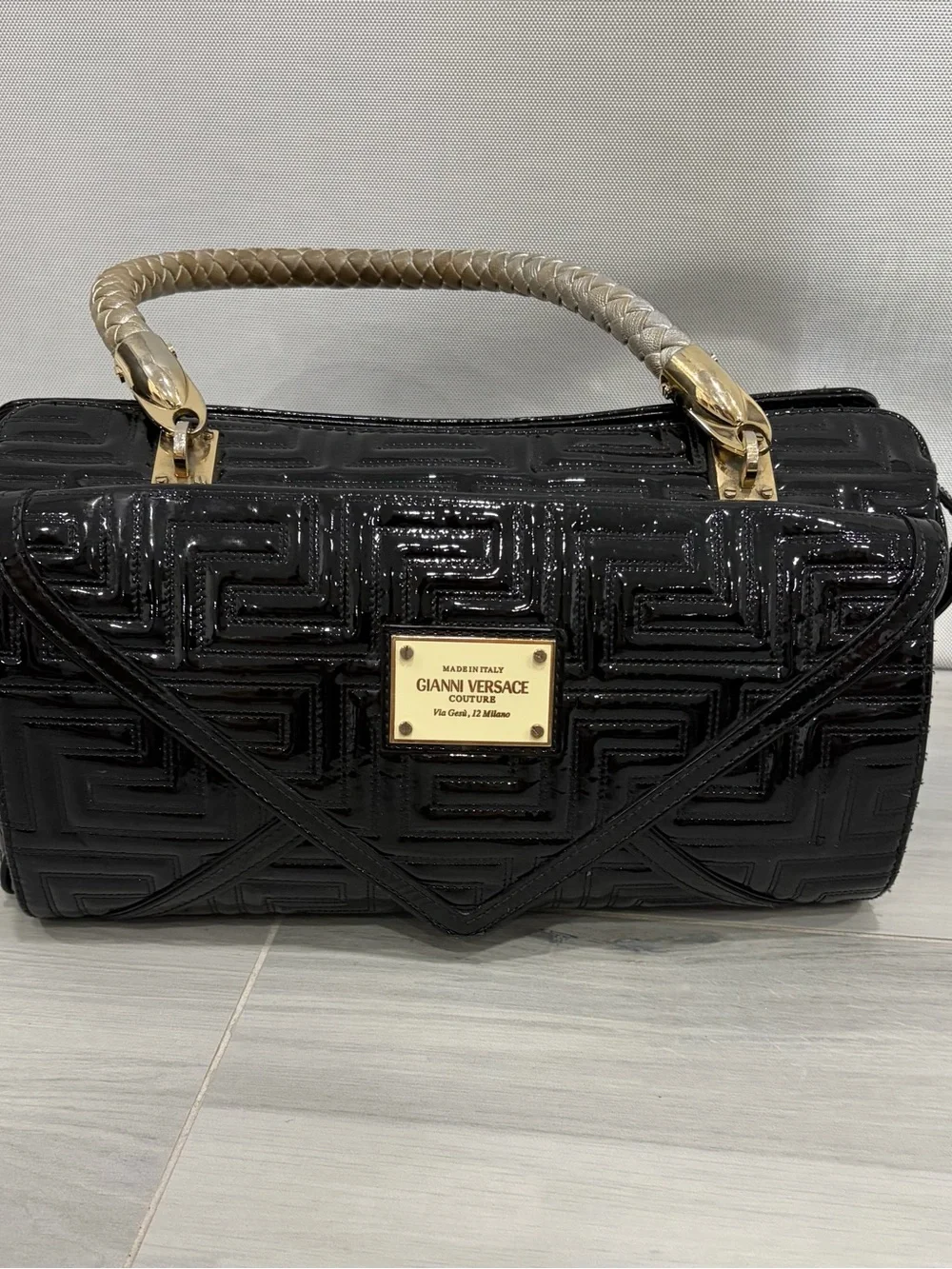 Versace Black Patent Leather Braided-Handle Satchel with Gold Plaque